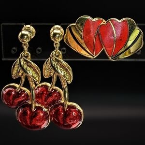 Retro-vintage Lot of 2 Red & Gold Toned Earrings - 1 Signed AVON (Cherries)